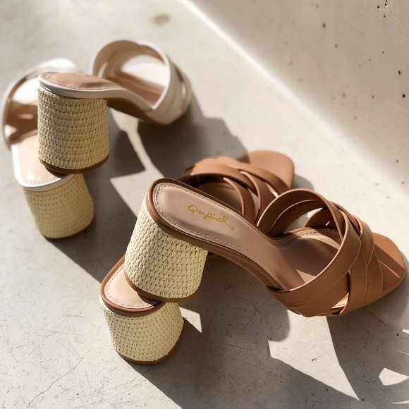 NEW Multi Crisscross Straps Natural Raffia Oval Block Heel Slip On Slide Sandals - Picture 11 of 12